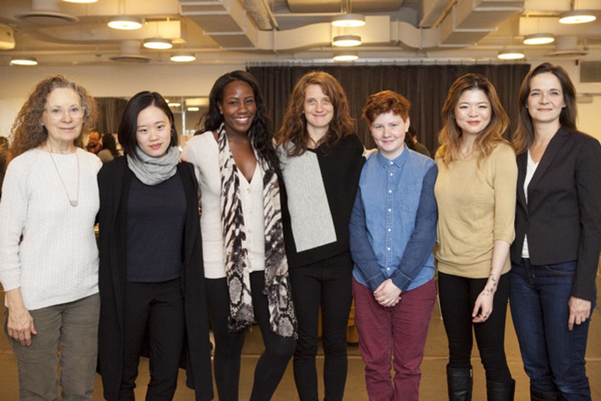 Actors Lizbeth Mackay, Michele Selene Ang, and Crystal Lucas-Perry; director Lee Sunday Evans;  playwright Bryna Turner; and actors Ruibo Quan and Enid Ghram on their first day of rehearsal.   at 