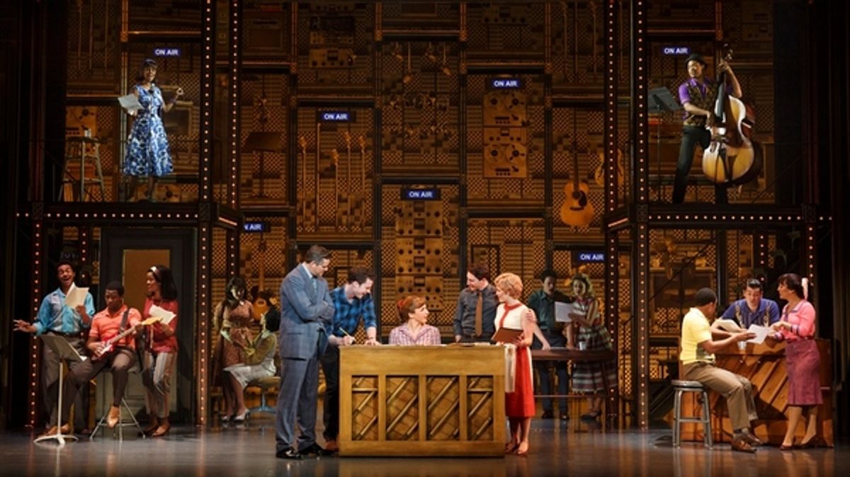 1650 Broadway. (l to r) Curt Bouril (â€"Don Kirshnerâ€), Liam Tobin (â€"Gerry Goffinâ€), Julia Knitel (â€"Carole Kingâ€), Ben Fankhauser (â€"Barry Mannâ€), Erika Olson (â€"Cynthia Weilâ€) and the Company of Beautiful. at 