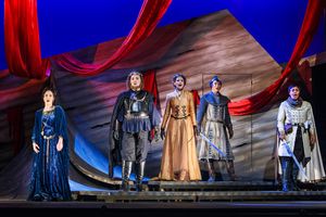 • Everyone celebrates Isacio’s defeat: Costanza (Shannon Jennings), King Richard I (Leah de Gruyl), Pulcheria (Claudia Rosenthal), Berardo (Brian Vu) and Oronte (Taylor Raven) (Photo credit David Bachman Photography)
@ BroadwayWorld • Everyone celebrates Isacio’s defeat: Costanza (Shannon Jennings), King Photo