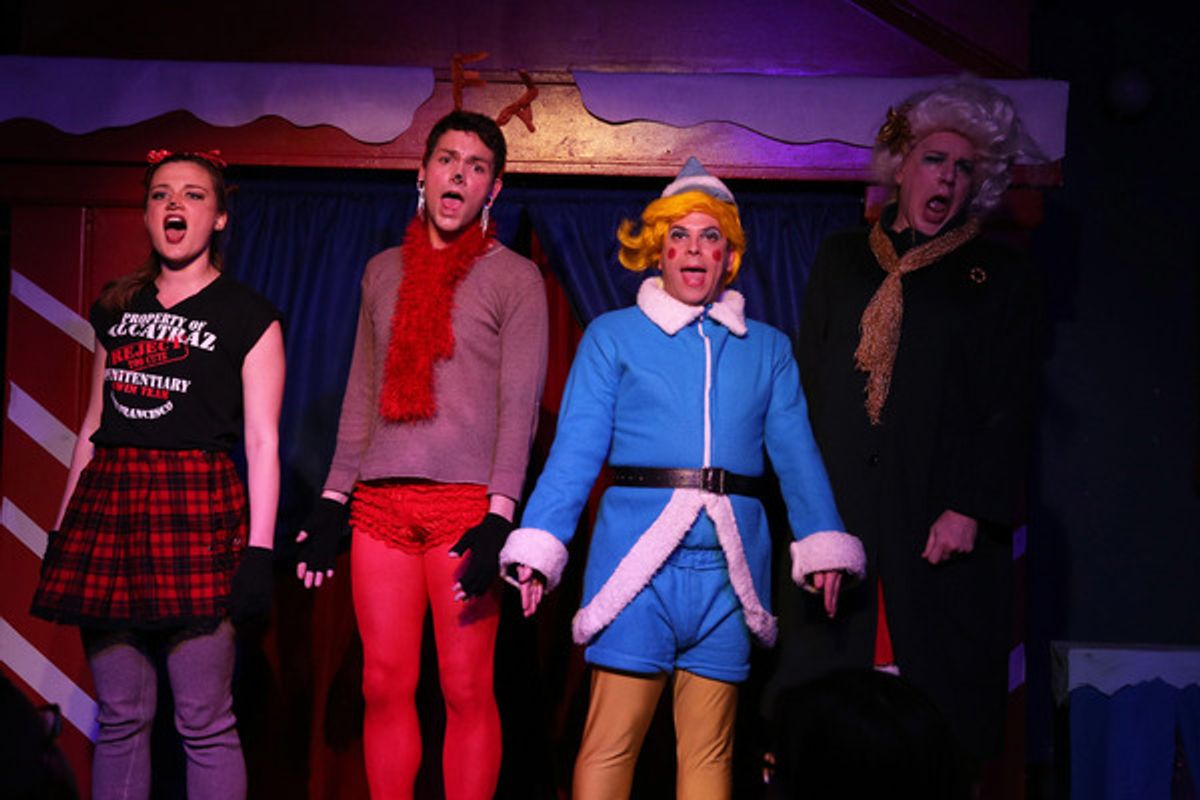 (left to right) Bitter Clarice (Lizzie Scwarzrock), Rudolph (Grant Drager), Herbie (Chad) and Mrs. Claus (Ed Jones) sing â€"Christmas Makes Me Bitter in Hell in a Handbag Productionsâ€™ 2014 production of RUDOLPH THE RED-HOSED REINDEER. Photo by Rick Agui at 