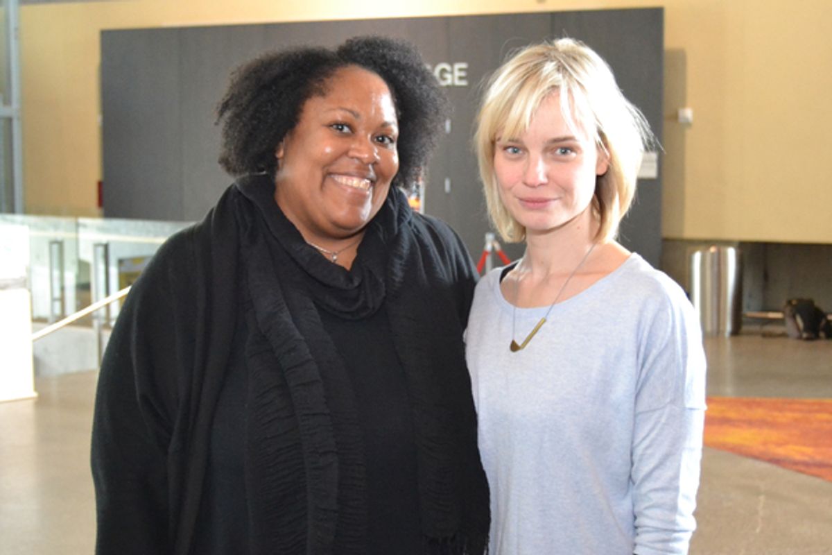 (L to R) Playwright Jacqueline E. Lawton and Hannah Yelland (Valerie Plame) at the first rehearsal ofIntelligence, running February 24-April 9, 2017 at Arena Stage at the Mead Center for American Theater. Photo courtesy Arena Stage. at 