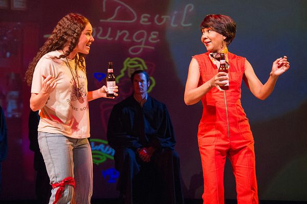 Sara Bruner (as Norma McCorvey) and Gina Daniels, with Jim Abele (background), in Roe Photo