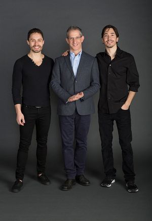 Artistic Director Barry Edelstein (center) directs (from left) Philippe Bowgen as Pablo Picasso and Justin Long as Albert Einstein @ BroadwayWorld Artistic Director Barry Edelstein (center) directs (from left) Philippe Bowgen as Pab Photo