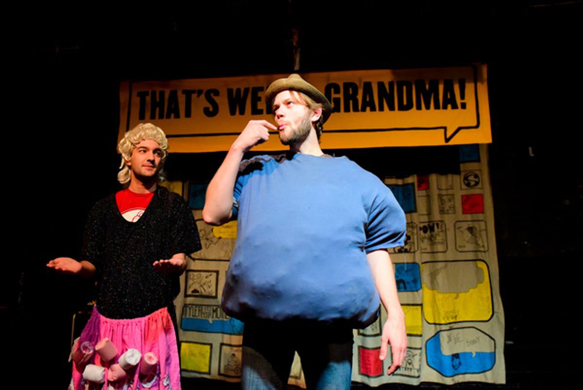 (left to right) Barrel of Monkeys company members Nick Hart and Spencer Meeks perform â€"The Marshmallowâ€ in THATâ€™S WEIRD, GRANDMA. Photo by Evan Hanover. at 