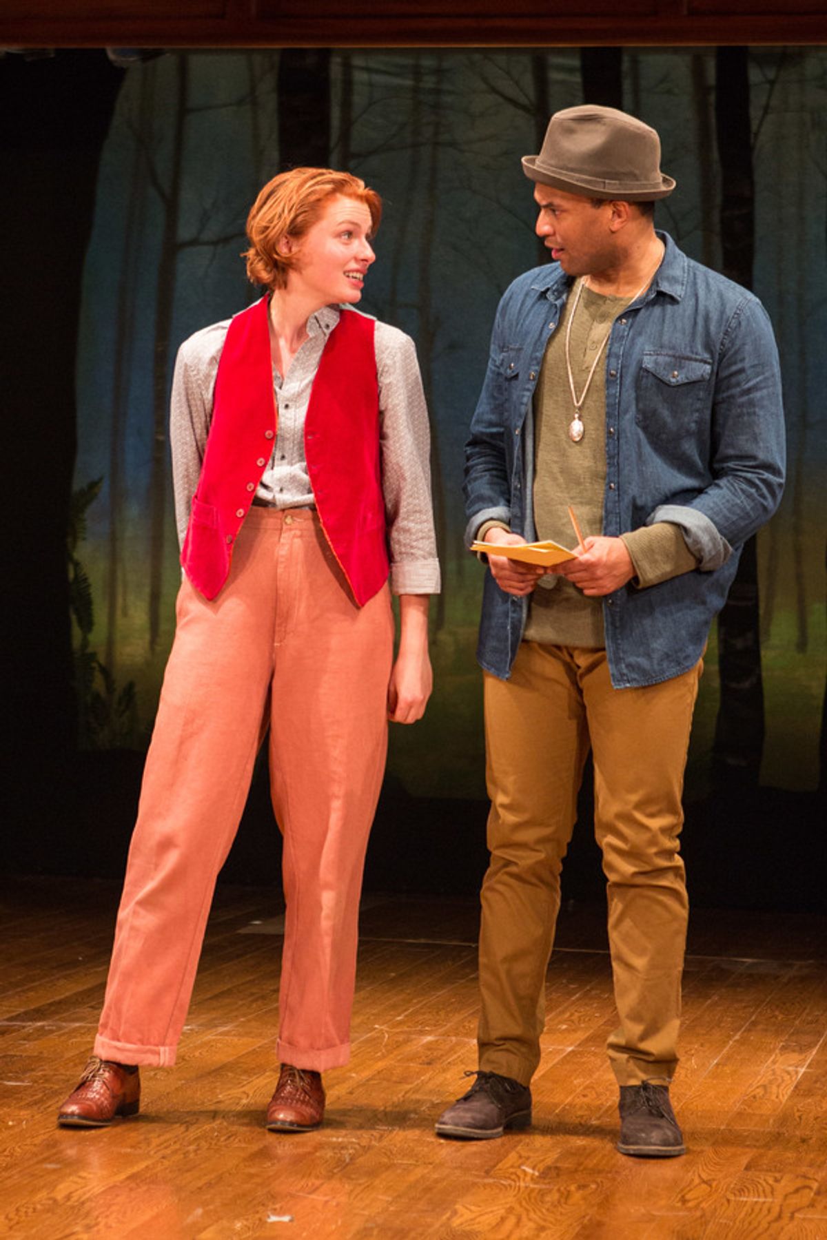 Orlando (Lorenzo Roberts) taking courtship advice from Rosalind (Lindsay Alexandra Carter), here dressed as a young man at 