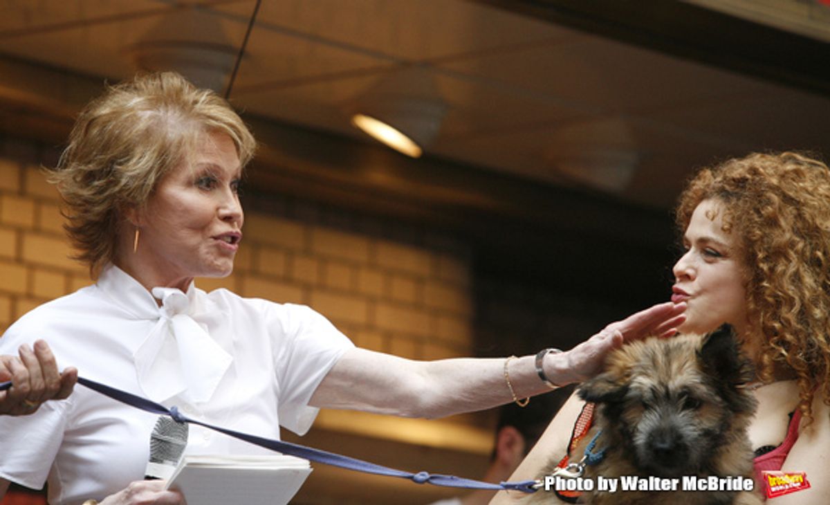 Mary Tyler Moore & Bernadette Peters
attending BROADWAY BARKS 10 : The 10th Annual Adopt-a-thon stage presentation in Shubert Alley, New York City.
( On Stage - Performance )
July 12, 2008
 at 