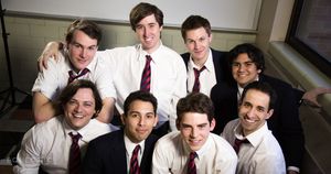 Mathias Blake (Dakin), Taylor Sorrel (Scripps), Derek Herman (Rudge), Rohan Sinha (Akthar), Stephen McClure (Timms), Joshua Servantez (Posner), Mark Yacullo (Crowther), and Matthew Harris (Lockwood). @ BroadwayWorld Mathias Blake (Dakin), Taylor Sorrel (Scripps), Derek Herman (Rudge), Rohan Sinha (Ak Photo