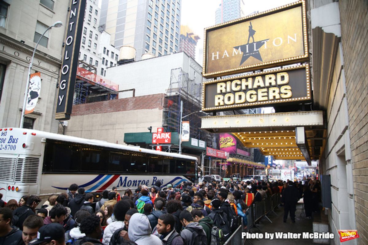 Students attend The Rockefeller Foundation and The Gilder Lehrman Institute of American History sponsored High School student matinee performance of  'Hamilton' at the Richard Rodgers Theatre on 2/8/2017 in New York City. at 