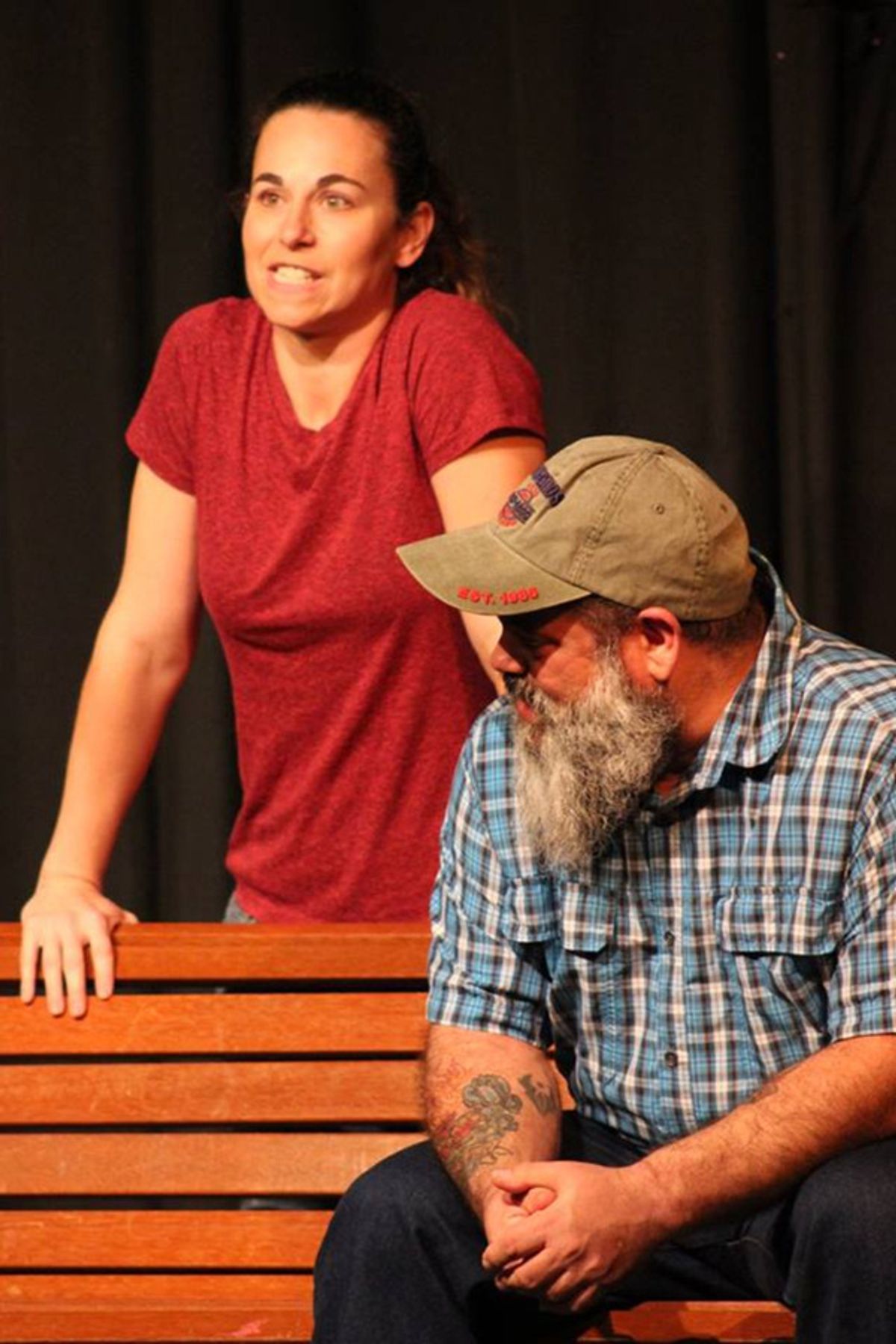 TRYING by Neil Ellis Orts 

Estranged, middle-aged brother and sister, Dwayne and Sharon, meet on the grounds of their former high school to attempt some kind of reconciliation.

l. to r. Renata Smith and Joseph Fornes at 