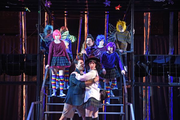 Front Center: Daniel Duque-Estrada as Lysander and Gwen Kingston as Helena. On Sax: M Photo
