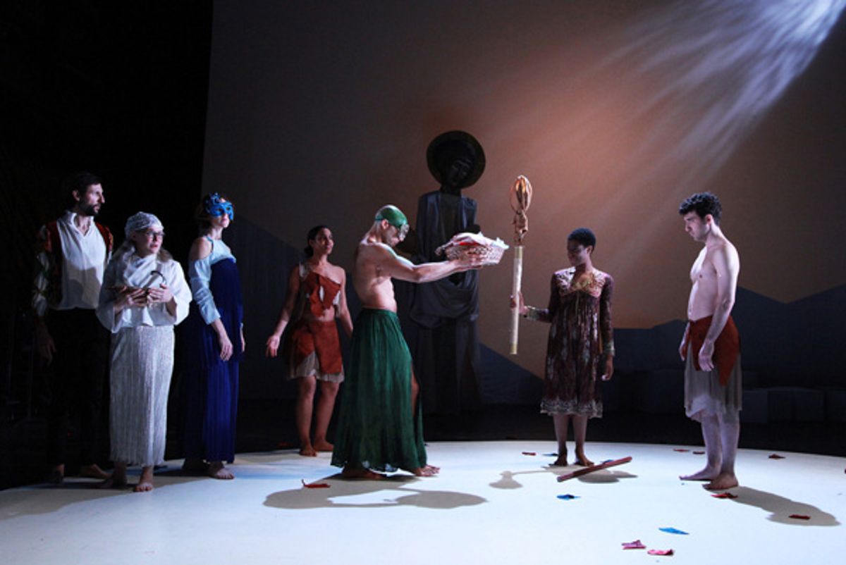 Joe McGranaghan as Free Will, Rachel Murdy as Understanding, Margi Sharp Douglas as Water, Leslie lewis as Wisdom, Gabriel Portuondo as Earth, Tsebiyah Mishael as Grace, Dan Solomon as Man in Life is A Dream (1677) part of CALDERON'S TWO DREAMS. Pho at 