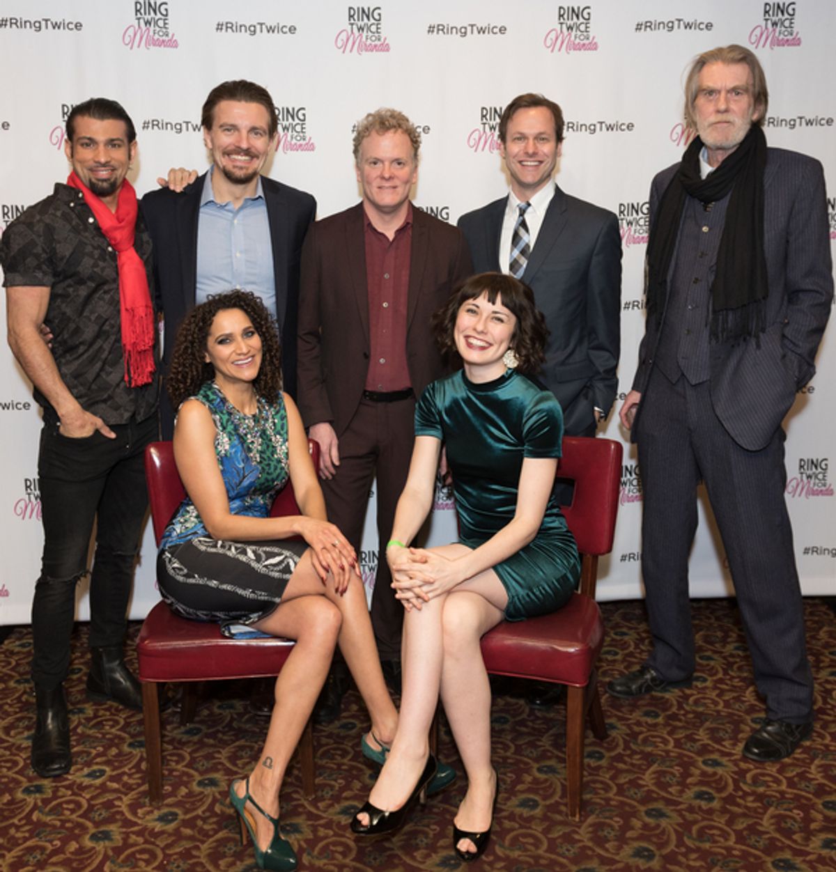 The full cast of RING TWICE FOR MIRANDA: (top row) Ian Lassiter, William Connell, Daniel Pearce, George Merrick, Graeme Malcolm; (second row) Talia Thiesfeld and Katie Kleiger at 