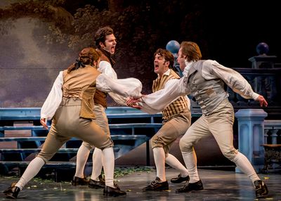 The gentlemen of Navarreâ€”Longaville (Madison Niederhauser), Berowne (Nate Burg Photo