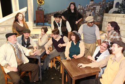 The cast of New Line Theatre's ZORBA, 2017. L-R, Kent Coffel (Zorba), Ann Hier (the W Photo