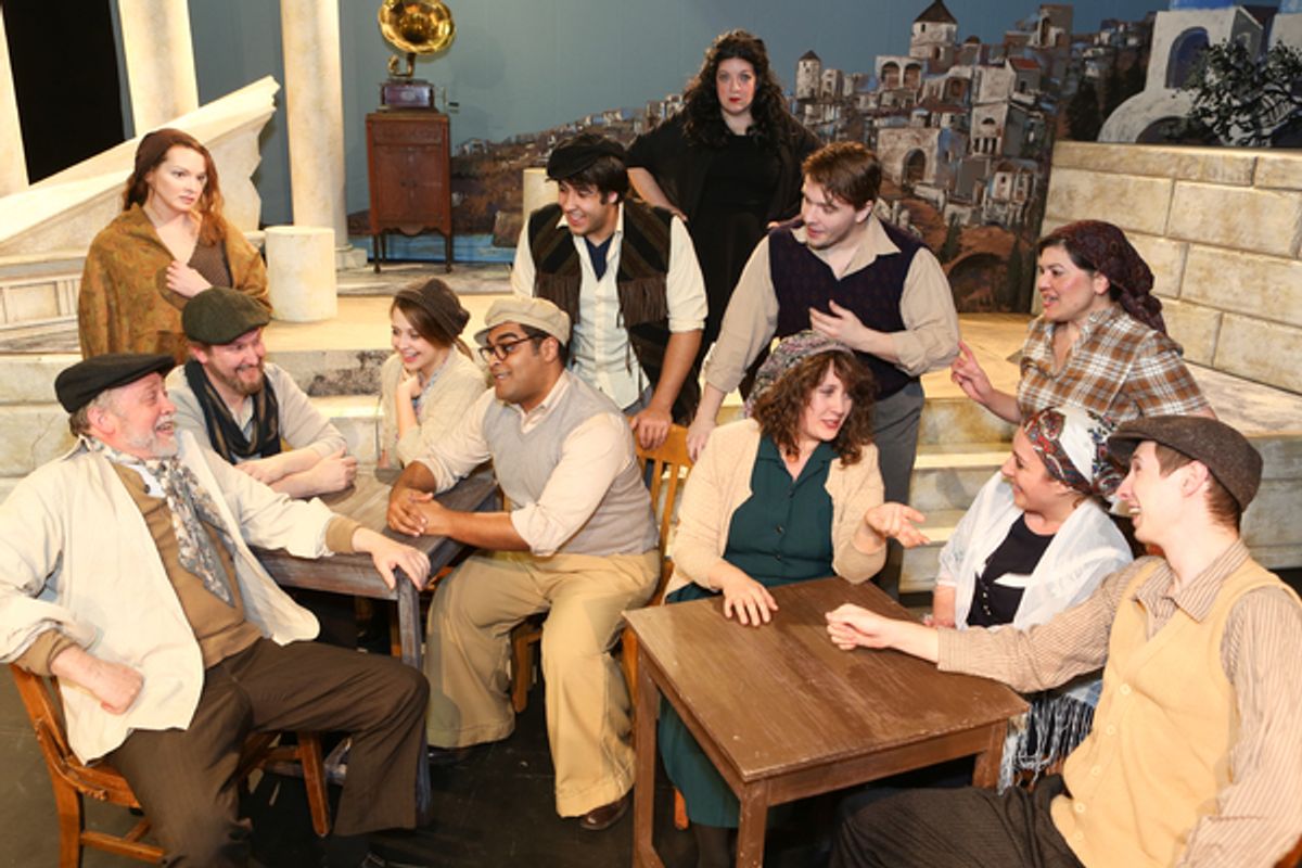 The cast of New Line Theatre's ZORBA, 2017. L-R, Kent Coffel (Zorba), Ann Hier (the Widow, in back), Robert Doyle, Sara Rae Womack, Evan Fornachon, William Pendergast, Lindsey Jones (the Leader, in back), Ssrah Dowling, Dominic Dowdy-Windsor (Nikos), Mara at 