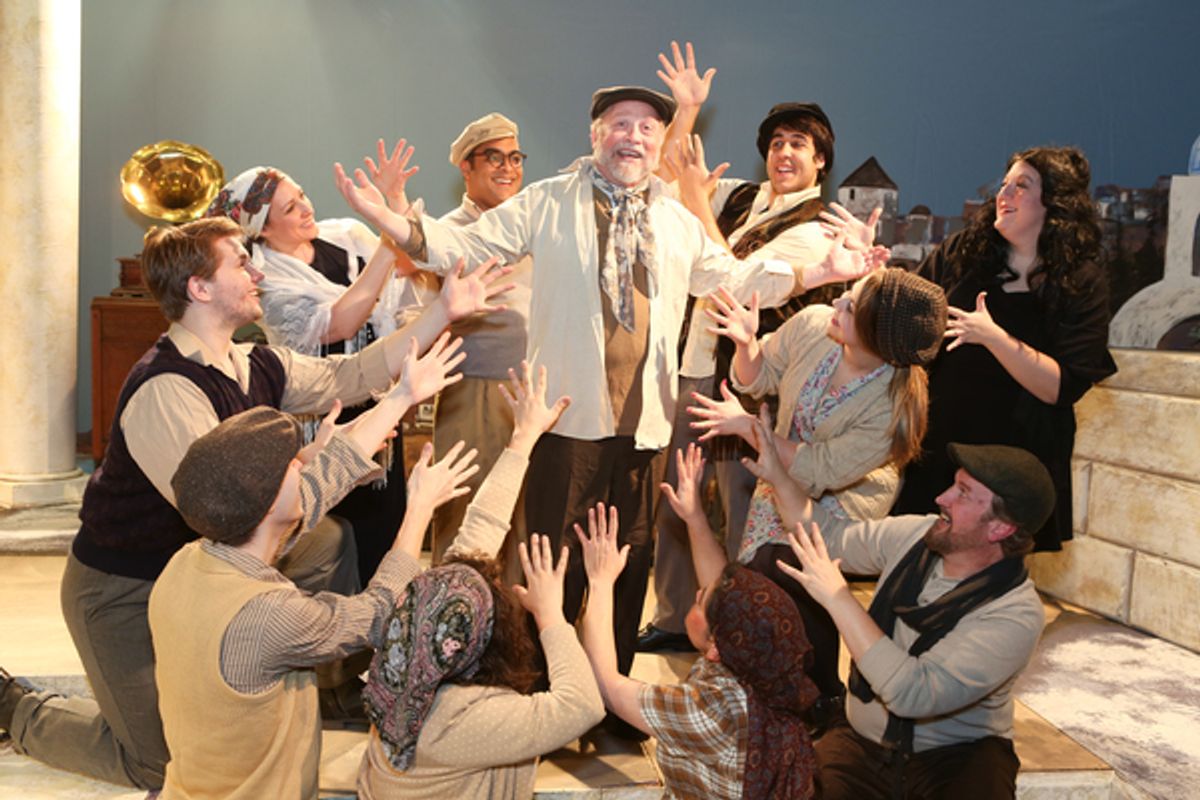 The cast of New Line Theatre's ZORBA, 2017, with Kent Coffel as Zorba, center. Photo credit: Jill Ritter Lindberg.
 at 