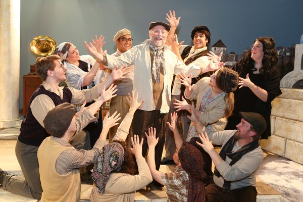 The cast of New Line Theatre's ZORBA, 2017, with Kent Coffel as Zorba, center. Photo  Photo