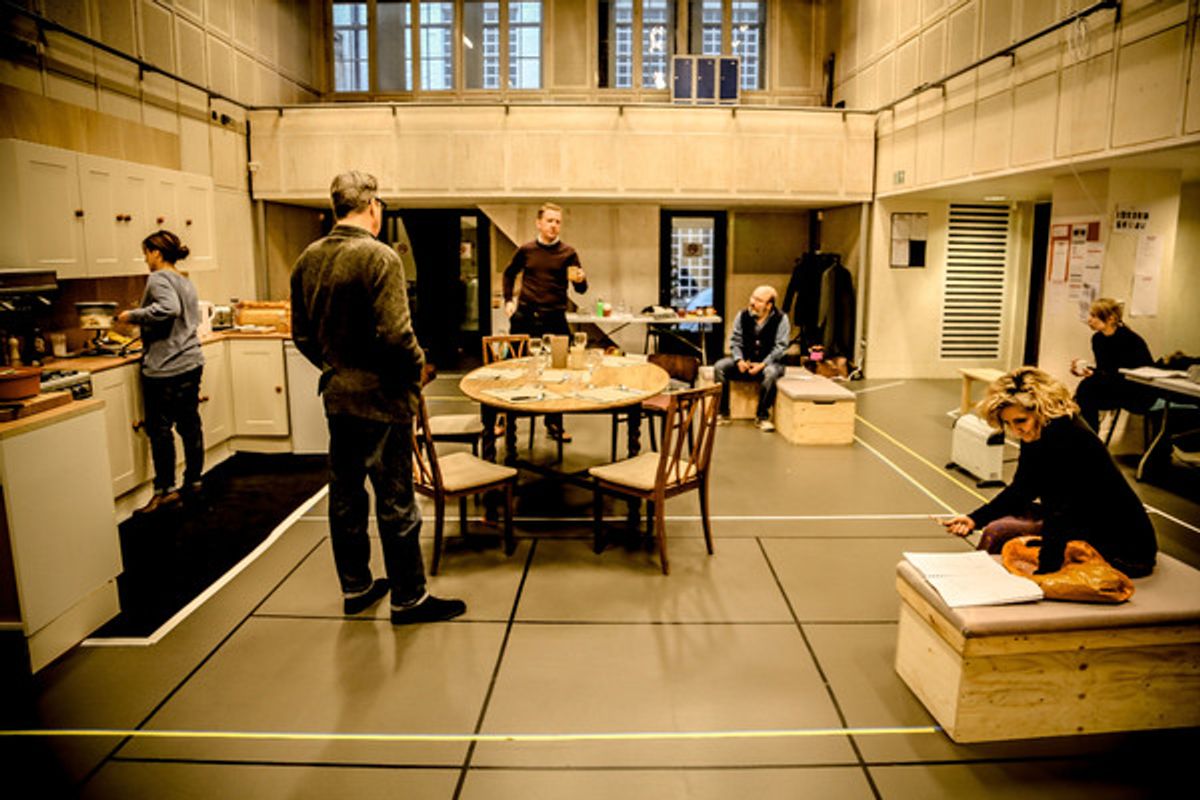 The company in rehearsal for LIMEHOUSE at the Donmar Warehouse at 