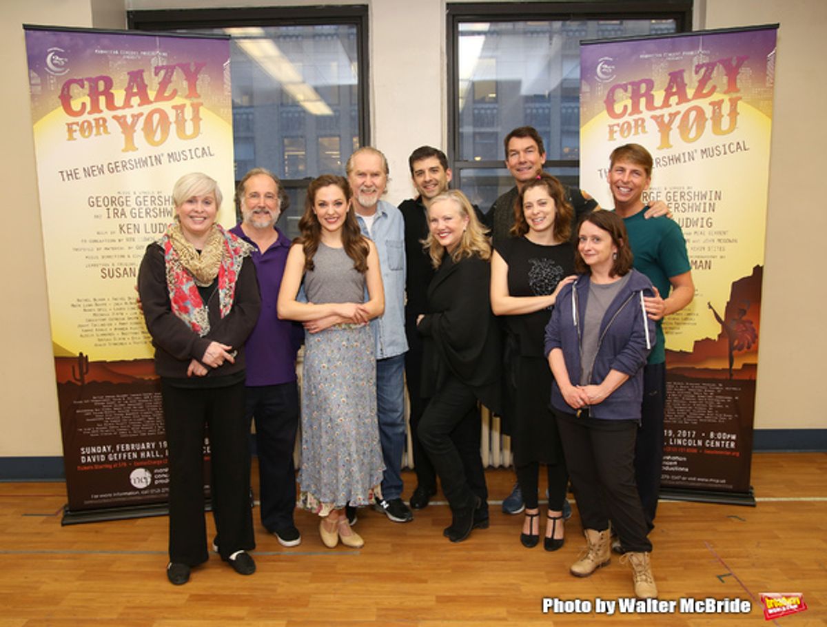 Nancy Opel, Mark Linn-Baker, Laurra Osnes, Harry Groener, Tony Yazbeck, Susan Stroman, Jerry Oâ€™Connell, Rachel Bloom, Rachel Dratch and Jack McBrayer during the Press Rehearsal for the Manhattan Concert Production of 'Crazy For You'  at Pearl Studios on at 