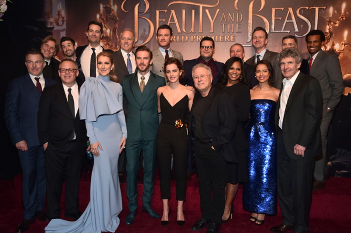 LOS ANGELES, CA - MARCH 02:  (L-R top) Co-Screenwriter Stephen Chbosky, Co-producer Greg Yolen, Producer Todd Lieberman, Producer David Hoberman, actors Luke Evans, Josh Gad, Walt Disney Studios President Alan Bergman, President of Walt Disney Studios Mot at 