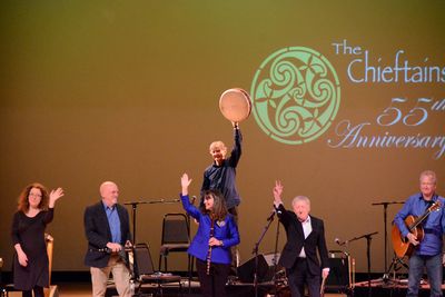 Triona Marshall, Matt Molloy, Kevin Conneff, Cady Coleman, Paddy Moloney and Tim Edey Photo