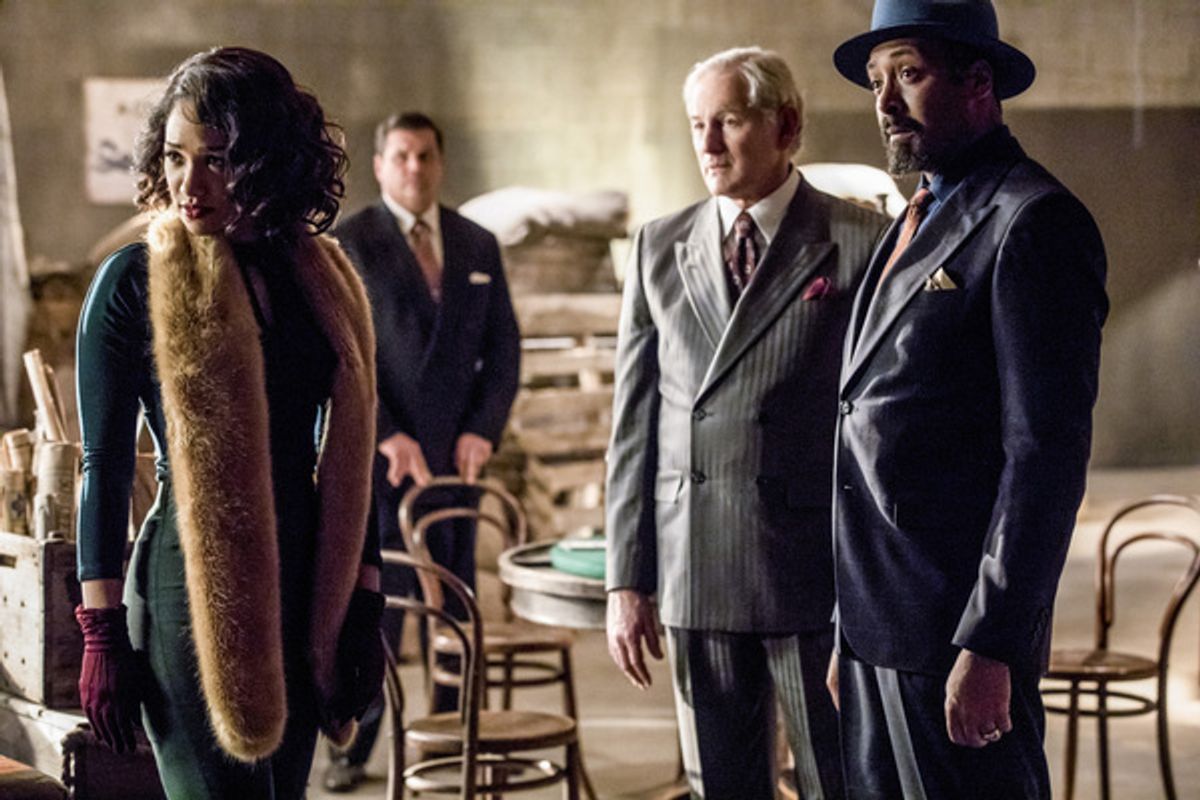 Pictured (L-R): Candice Patton as Iris West, Victor Garber as Professor Martin Stein and Jesse L. Martin as Detective Joe West -- Photo: Jack Rowand/The CW  at 