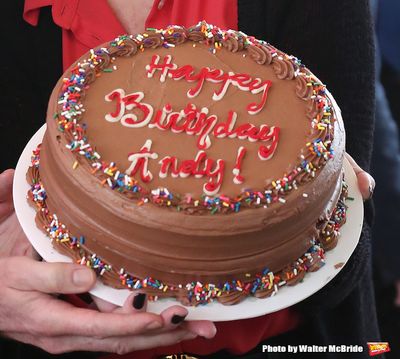 Beth Leavel and cast present  Andy Blankenbuehler with a Birthday Cake during the 'Ba Photo