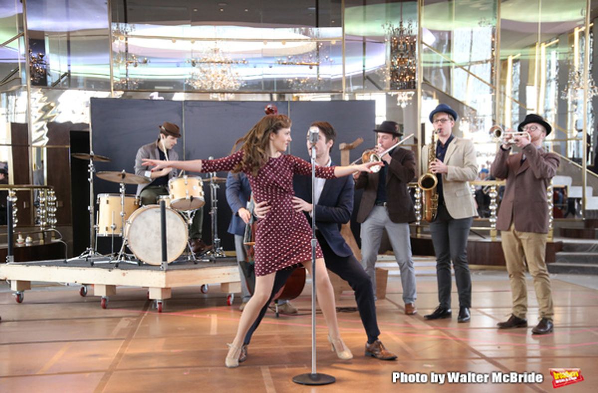 Corey Cott and Laura Osnes with cast at 