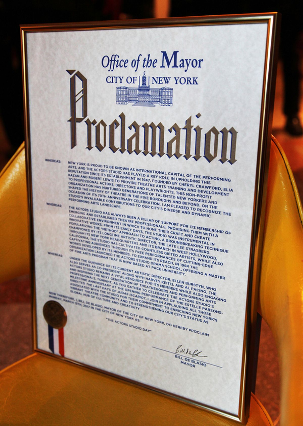 Proclamation in honor of the 70th Anniversary of the Actors Studio, presented by Carla Hoke-Miller, Director of Theatrical Partnerships for the Mayor's Office of Media and Entertainment. at 
