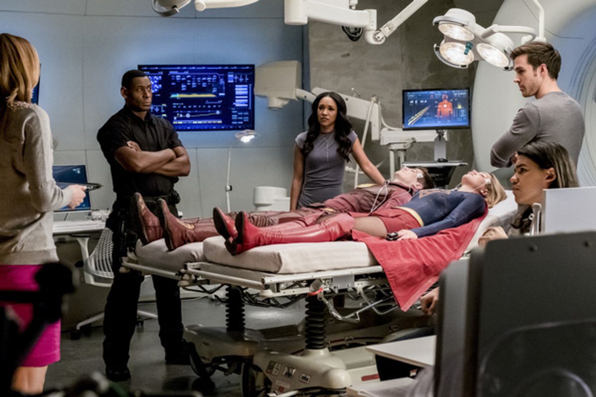 Grant Gustin, Melissa Benoist and Chris Wood  at 