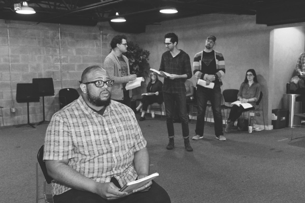 Jeremy Davis, Justin Alexander Duncan, Seth Womack and Luke Longacre in rehearsal for Parade at WaterTower Theatre at 