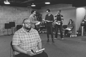 Jeremy Davis, Justin Alexander Duncan, Seth Womack and Luke Longacre in rehearsal for Photo