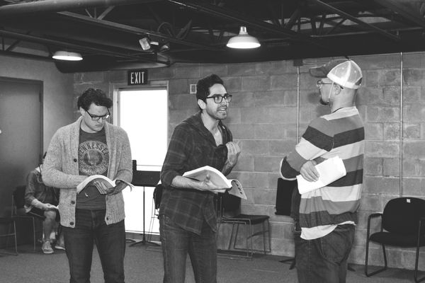Justin Alexander Duncan, Seth Womack and Luke Longacre in rehearsal for Parade at Wat Photo