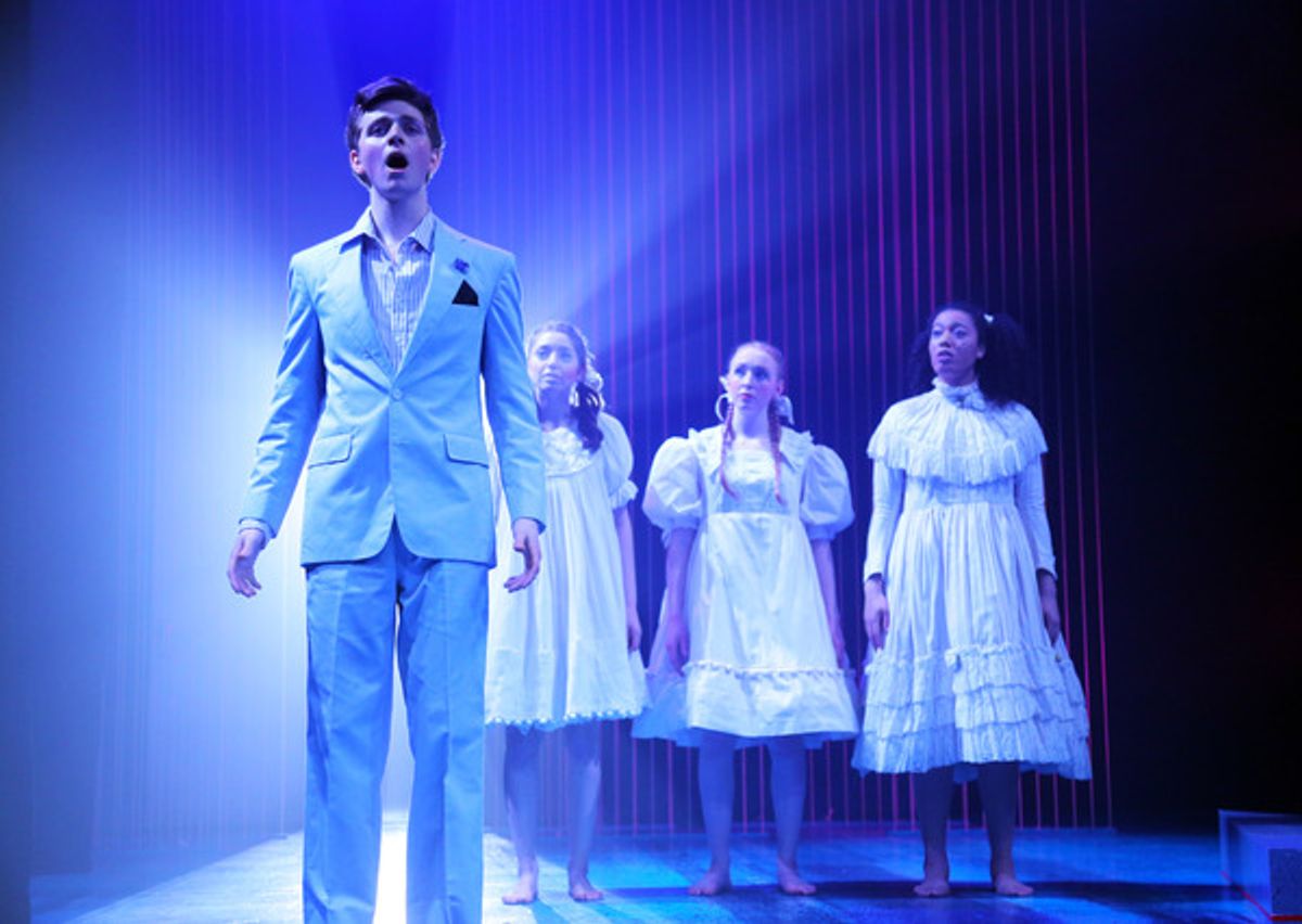 L to R: Zack Dicktakis (Orpheus), Jenn Sapoznikov, Kristen Wolf, Vivienne James (Chorus of Stones) in â€�"Eurydiceâ€ by Sarah Ruhl onstage in Connecticut Repertory Theatreâ€™s Studio Theatre through April 2, 2017.  Info at crt.uconn.edu.  Photo by Gerry G at 