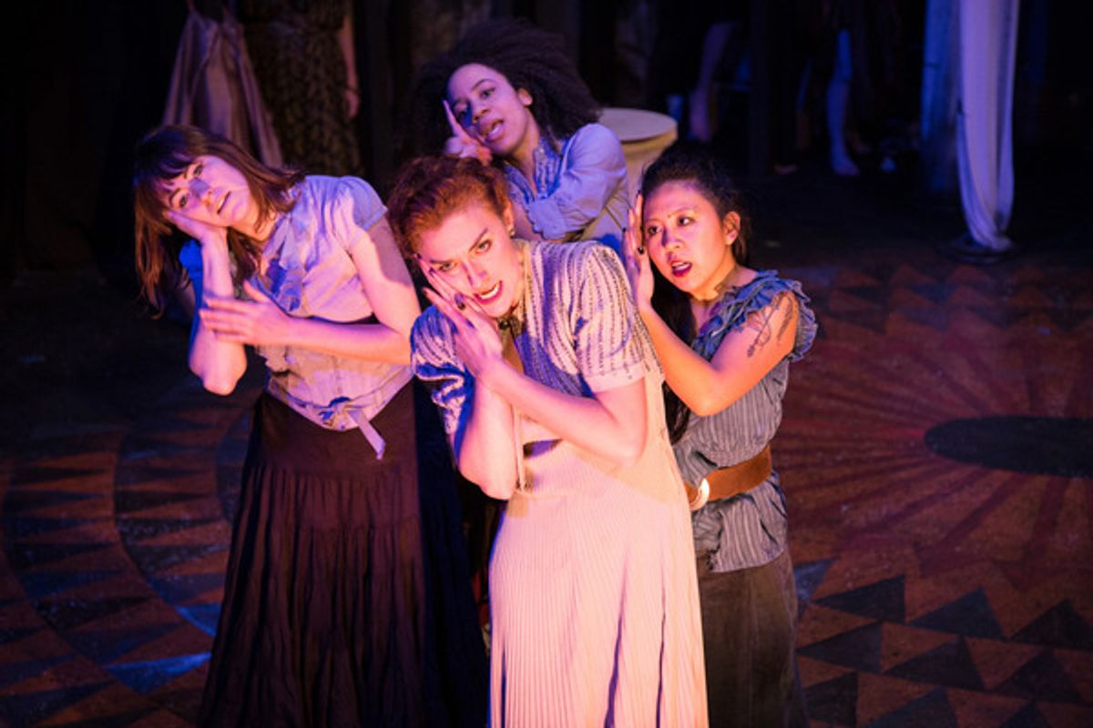 (front) Kelsey Shipley with (back, l to r) McCambridge Dowd-Whipple, Emma Ladji and Stephanie Shum in Red Tape Theatre and Walkabout Theater Companyâ€™s world premiere co-production of MOTHER OF SMOKE. Photo by Austin D. Oie. at 