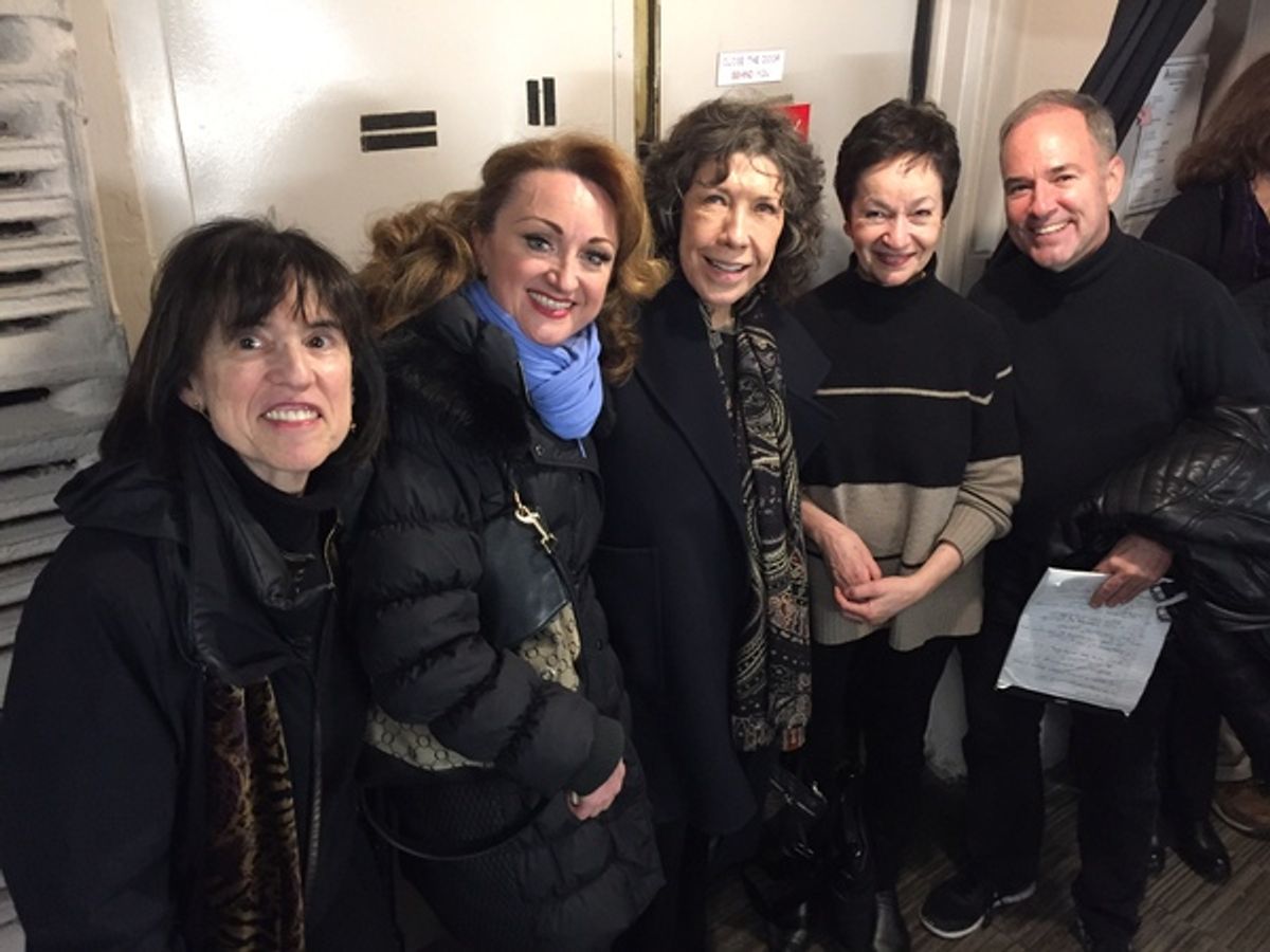 Harriet Leve, Caroline O'Connor, Lily Tomlin, Lynn Ahrens, Stephen Flaherty at 