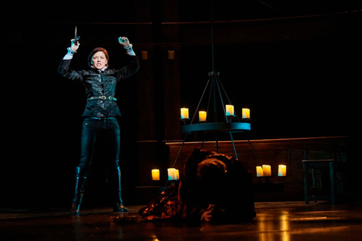 Actor Laura Welsh Berg in the title role of the Great Lakes Theater production of HAMLET at the Hanna Theatre, Playhouse Square which runs through April 15 (Photo by Roger Mastroianni) - See more at: http://www.greatlakestheater.org/tickets/shows/hamlet#m at 