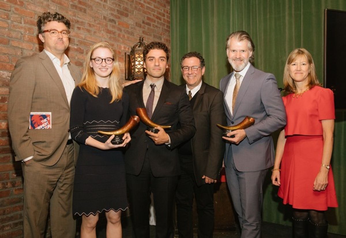 Michael Sexton, Olivia Reis, Oscar Isaac, Michael Greif, George Forbes, and Gretchen Shugart at 