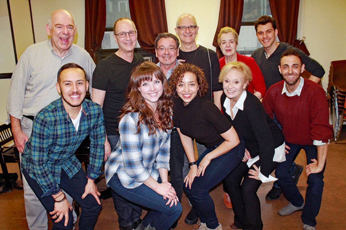 The Company: (top) Lenny Wolpe, Dan Martin, Bill Castellino, Michael Biello, Jennifer Manocherian, David Spadora; (front) Ben Chavez, Morgan Cowling, Claire Saunders, Robin Sky and Jesse Manocherian at 