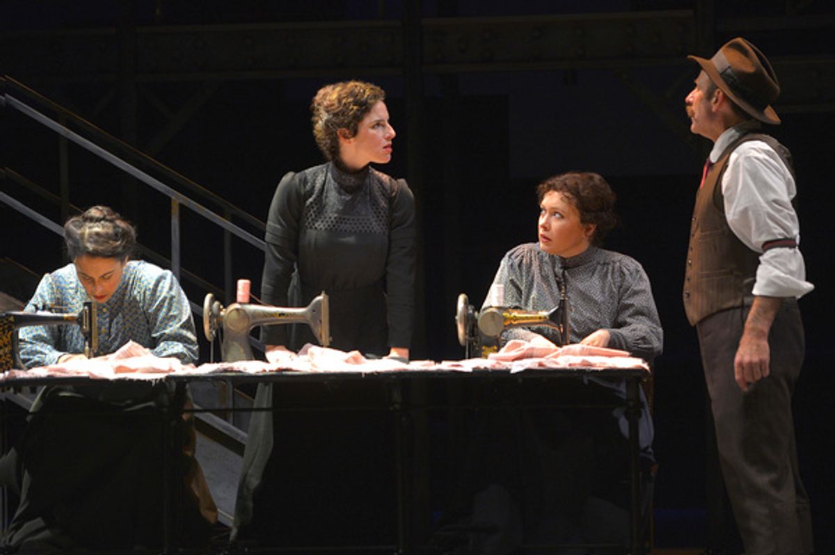 From L-R: Rose (Caitlin O'Leary) sews as Rebecca (Kyra Miller) stands up to the sweatshop owner (Brian Herndon) while Anna (Teressa Foss) listens in TheatreWorks Silicon Valley's Rags, a musical saga of immigrant America. Rags is presented at the Mountain at 