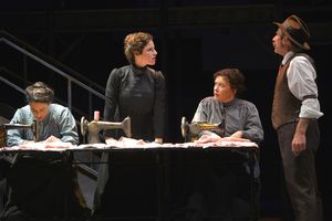 From L-R: Rose (Caitlin O'Leary) sews as Rebecca (Kyra Miller) stands up to the sweatshop owner (Brian Herndon) while Anna (Teressa Foss) listens in TheatreWorks Silicon Valley's Rags, a musical saga of immigrant America. Rags is presented at the Mountain @ BroadwayWorld From L-R: Rose (Caitlin O'Leary) sews as Rebecca (Kyra Miller) stands up to the sweat Photo