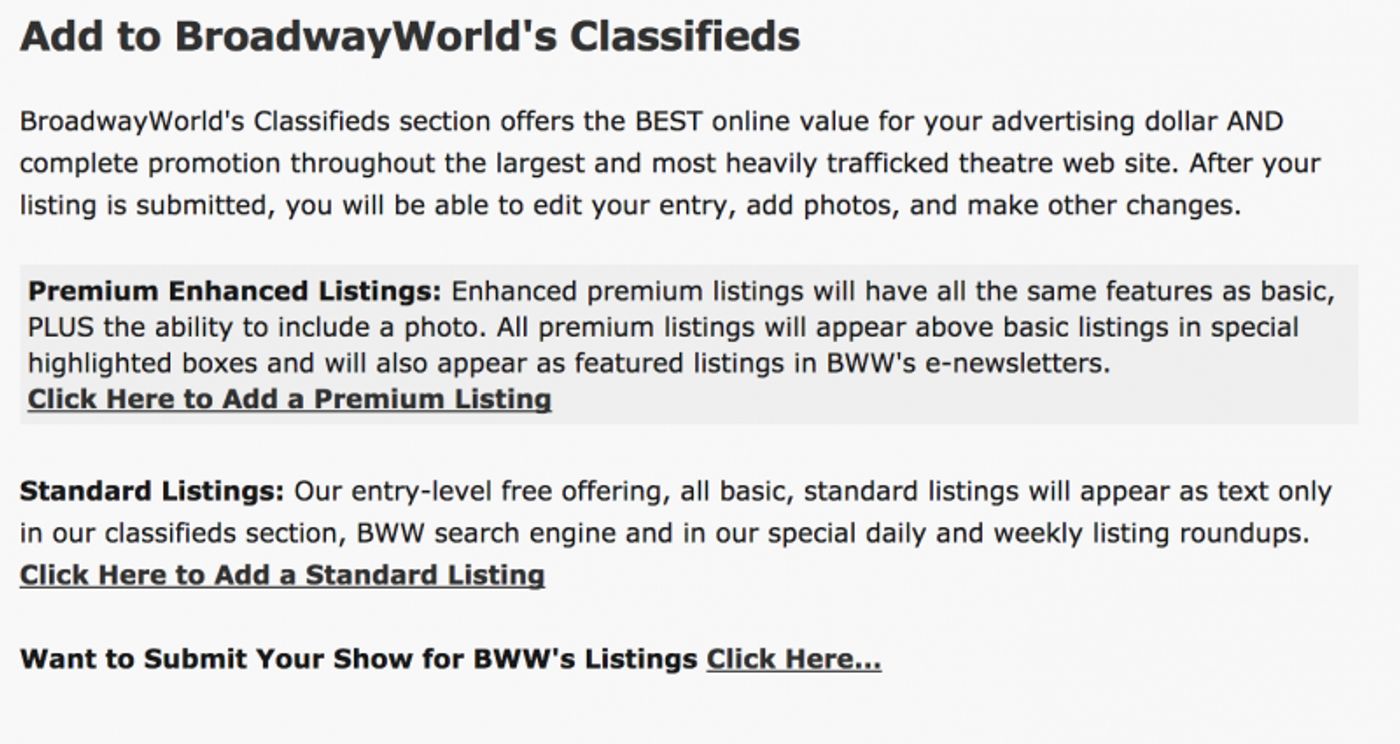 Browse and Add Your Listings to BroadwayWorld's Free Classifieds  Image