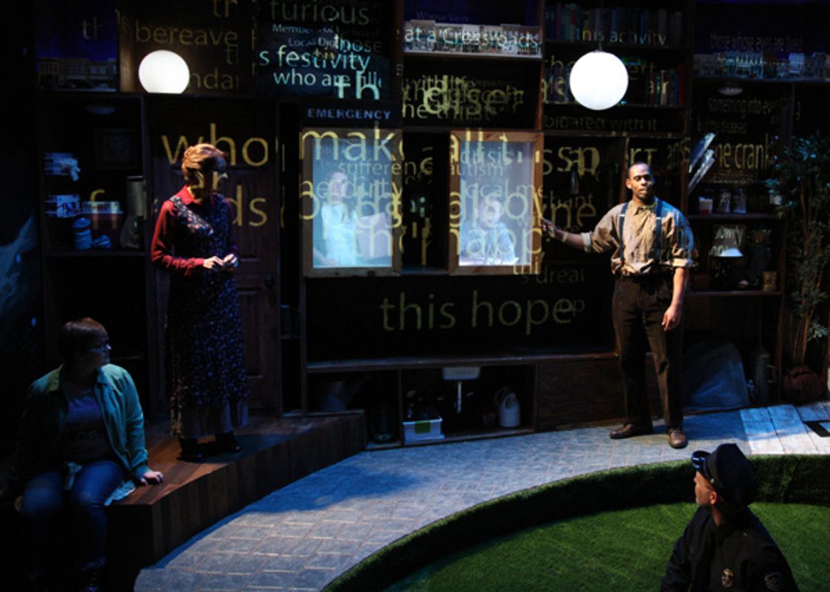 Middletown citizens welcome the audience to their quaint and quirky town (and equally quirky show). It's time to visit MIDDLETOWN... playing thru May 21st. (From left to right: Marrisa LeDoux, Karen Webster, James McHale, Lola Kelly, Ahmed Brooks, R at 