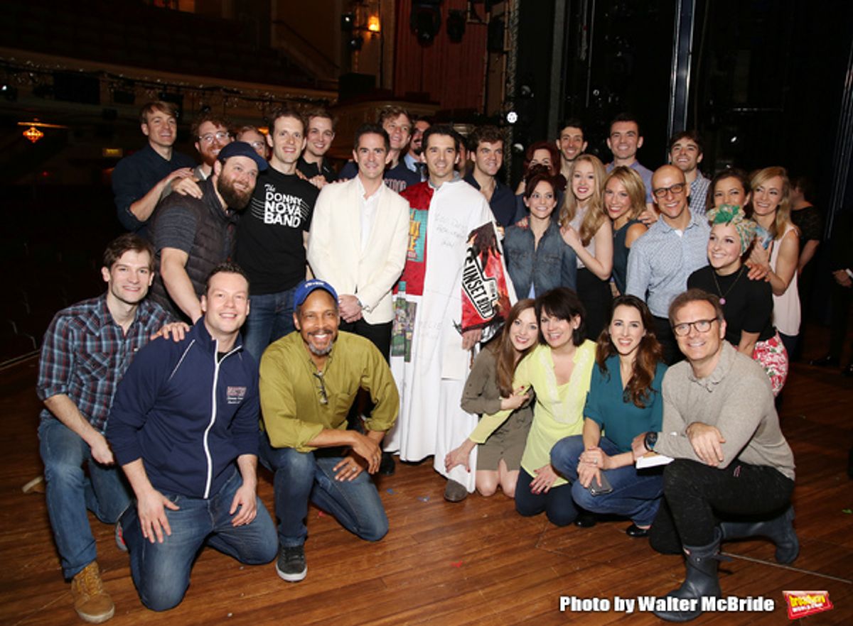Andy Blankenbuehler, Corey Cott, Laura Osnes, Beth Leavel and Kevin Worley with cast at 