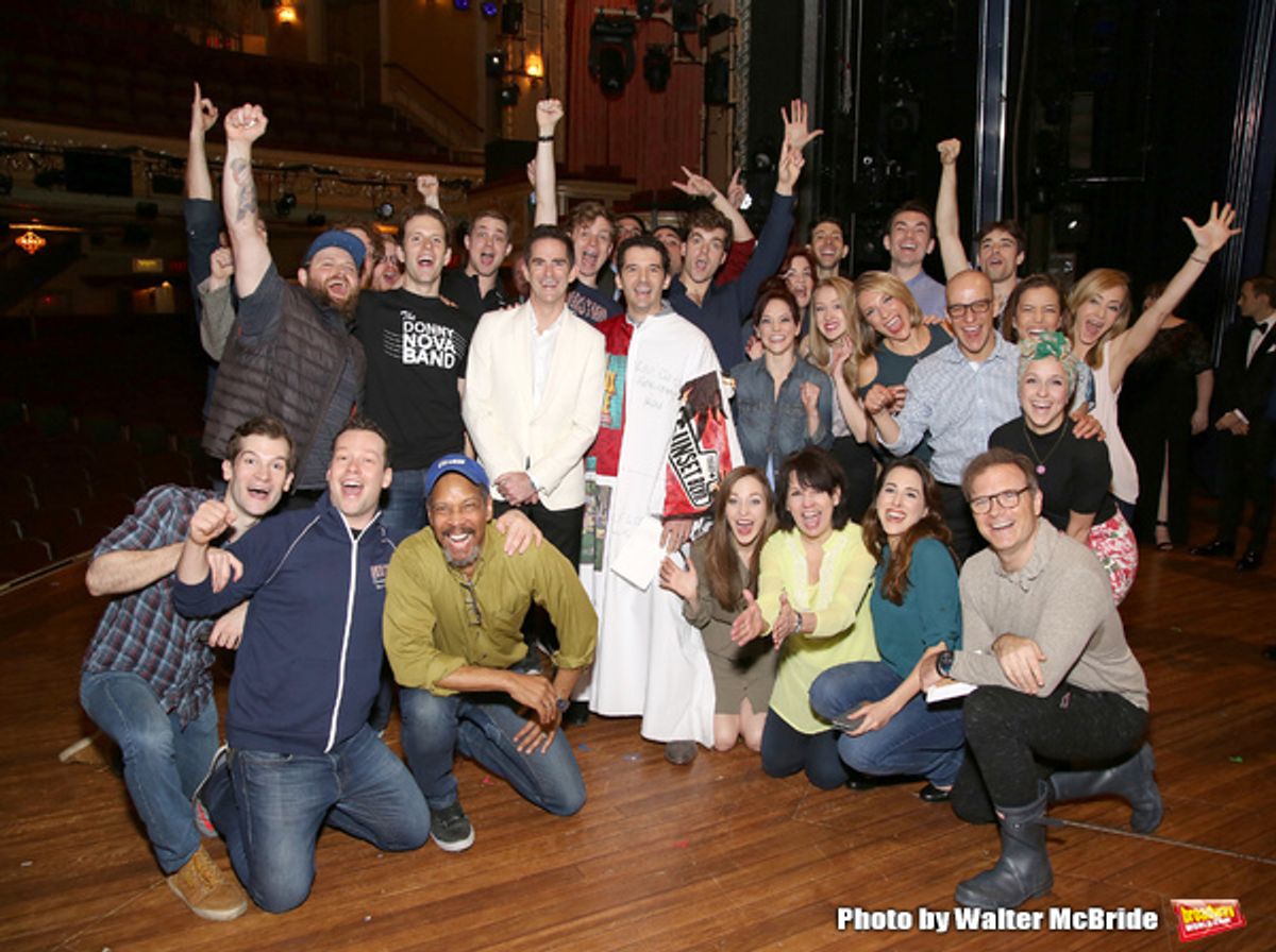 Andy Blankenbuehler, Corey Cott, Laura Osnes, Beth Leavel and Kevin Worley with cast at 