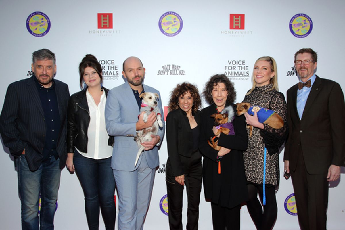 Comedians Craig Ferguson, Casey Wilson, Paul Scheer, Lily Tomlin and June Diane Raphael with VFTA Executive Director Melya Kaplan and Honeysweet Creative's Erick Weiss and adoptable dogs from West Los Angeles Animal Shelter.  at 