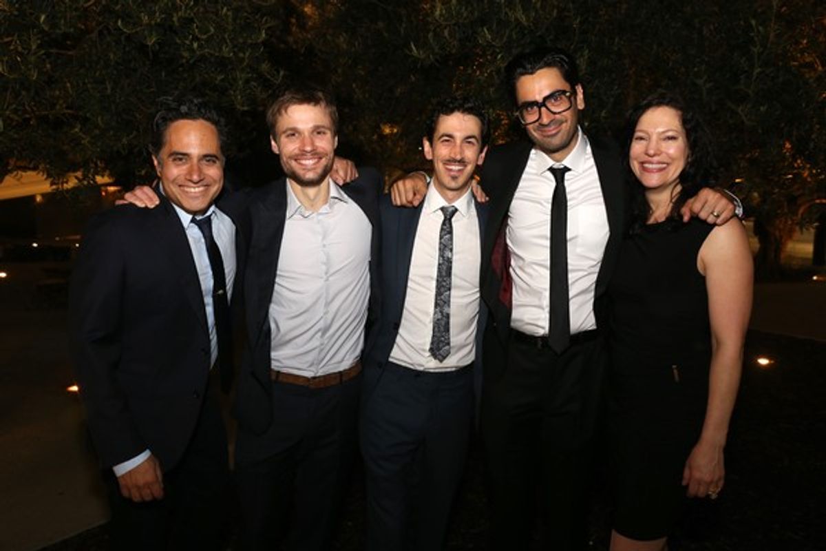 Playwright Rajiv Joseph, cast members Josiah Bania, Stephen Stocking and Ramiz Monsef and director Giovanna Sardelli at 