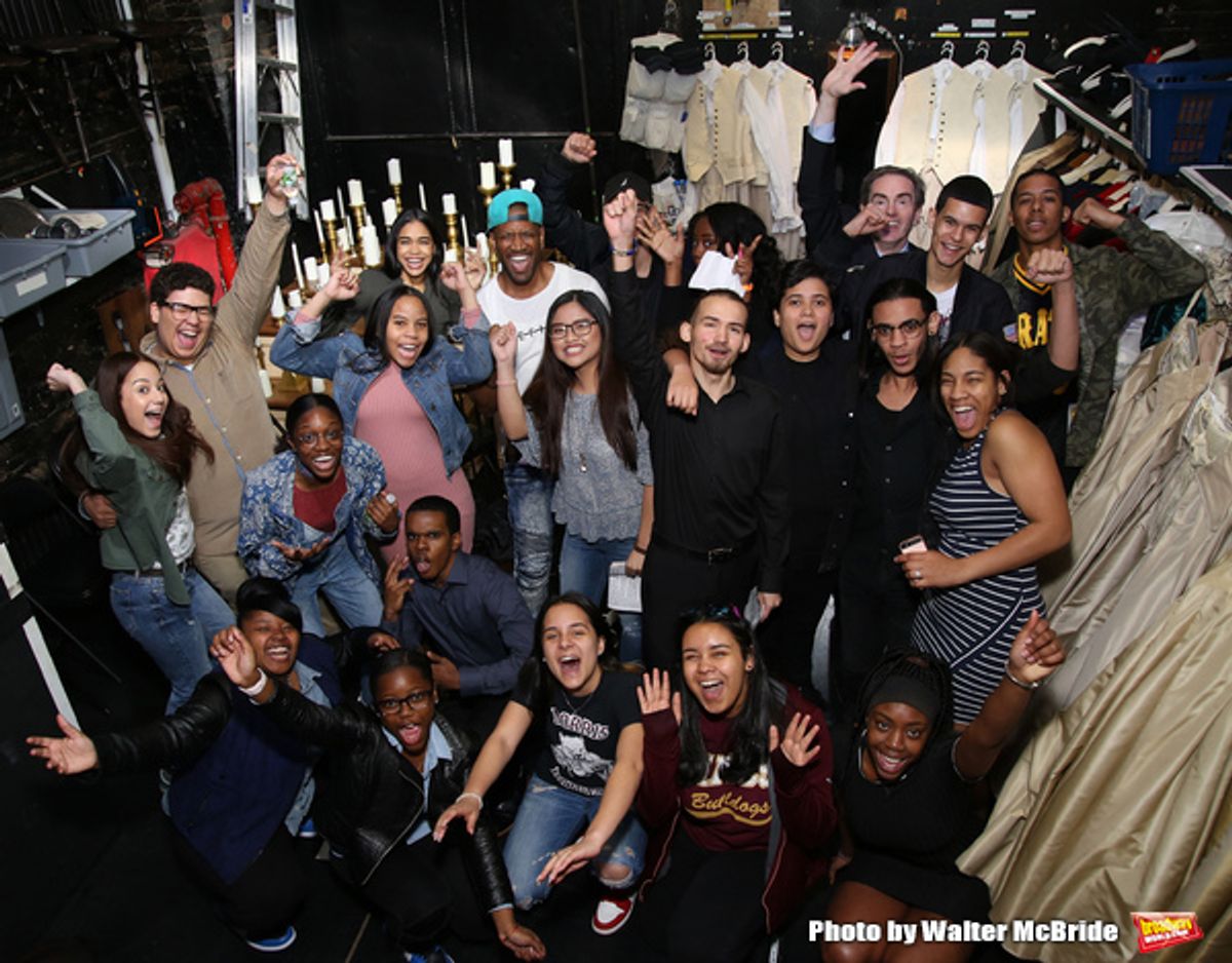 Bryan Terrell Clark and James Basker with High School student  performersperformers backstage before The Rockefeller Foundation and The Gilder Lehrman Institute of American History sponsored High School student #EduHam matinee performance of 'Hamilton' at at 