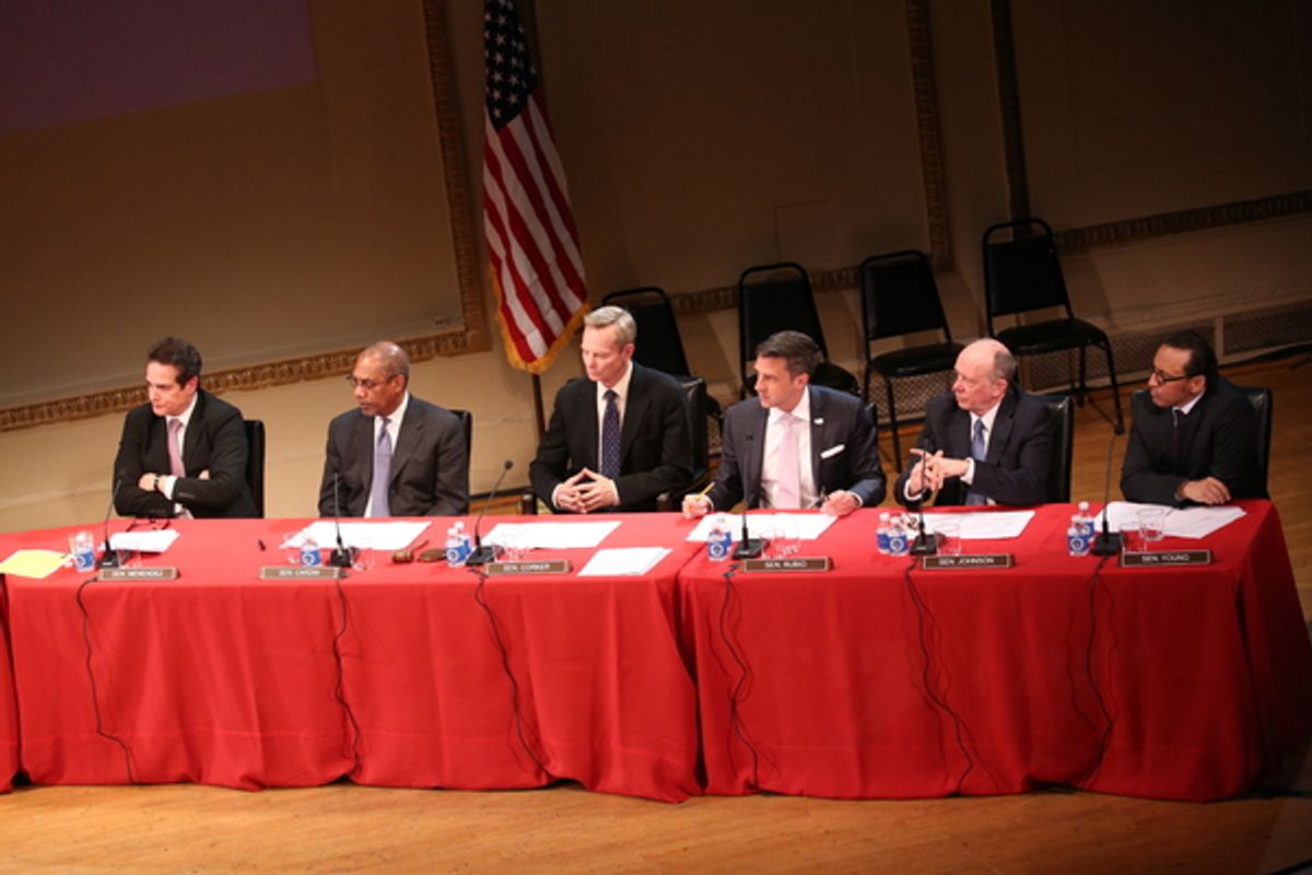 Yul Vazquez, Joe Morton, Bill Irwin, Raul Esparza, Nathan Osgood, and Aasif Mandvi at 