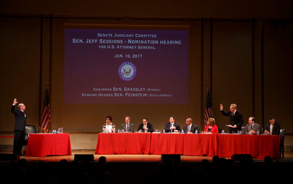 Nathan Osgood as U.S. Attorney General nominee Jeff Sessions, Staceyann Chin as Senator Hirono, David Costabile as Senator Coons, Yul Vazquez as Senator Durbin, David Remnick as Senator Franken, Joe Morton as Senator Leahy, Regina Taylor as Senator Feinst at 